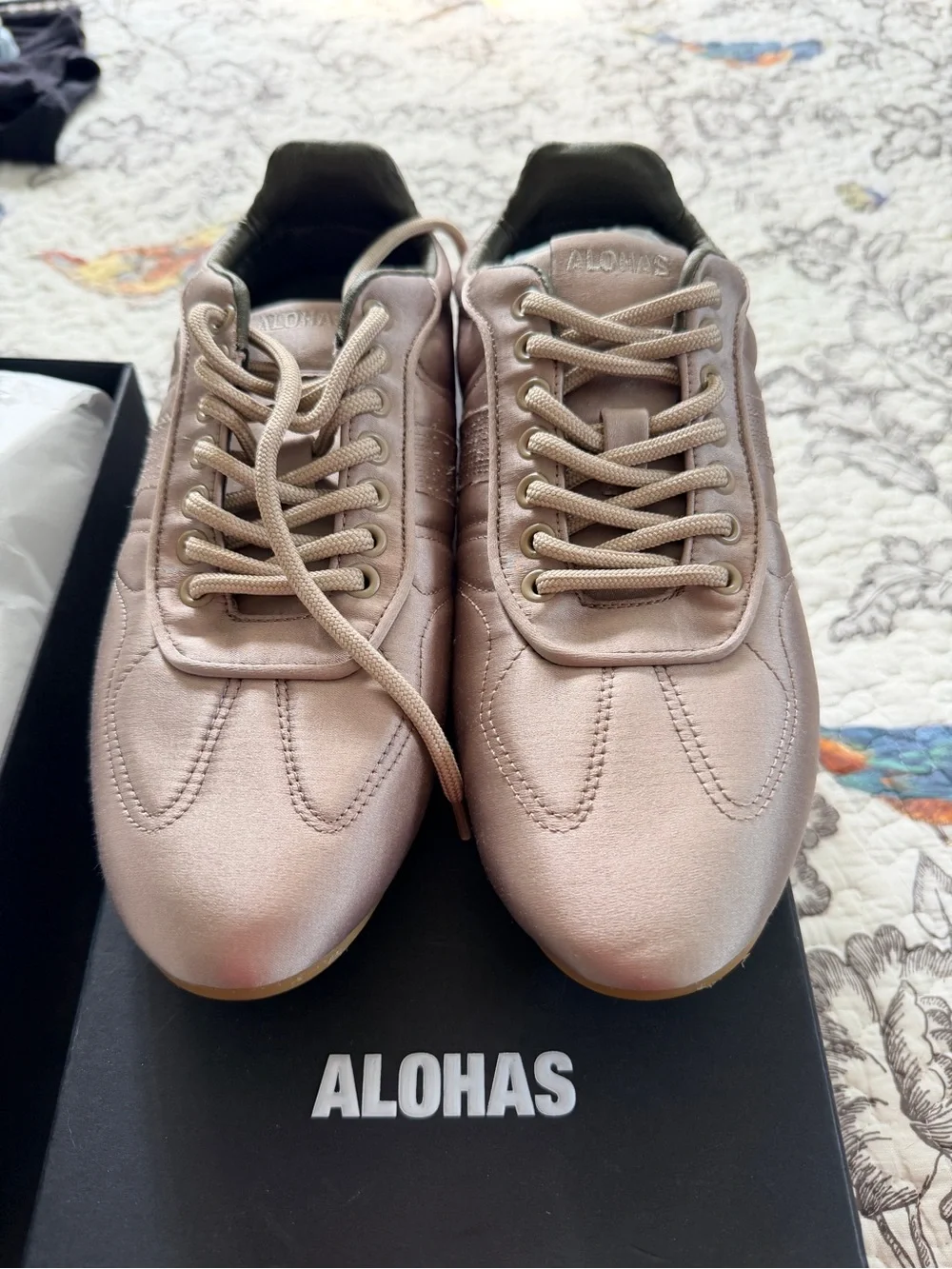 ALOHAS Satin Lace-Up Sneakers in Rose Metallic